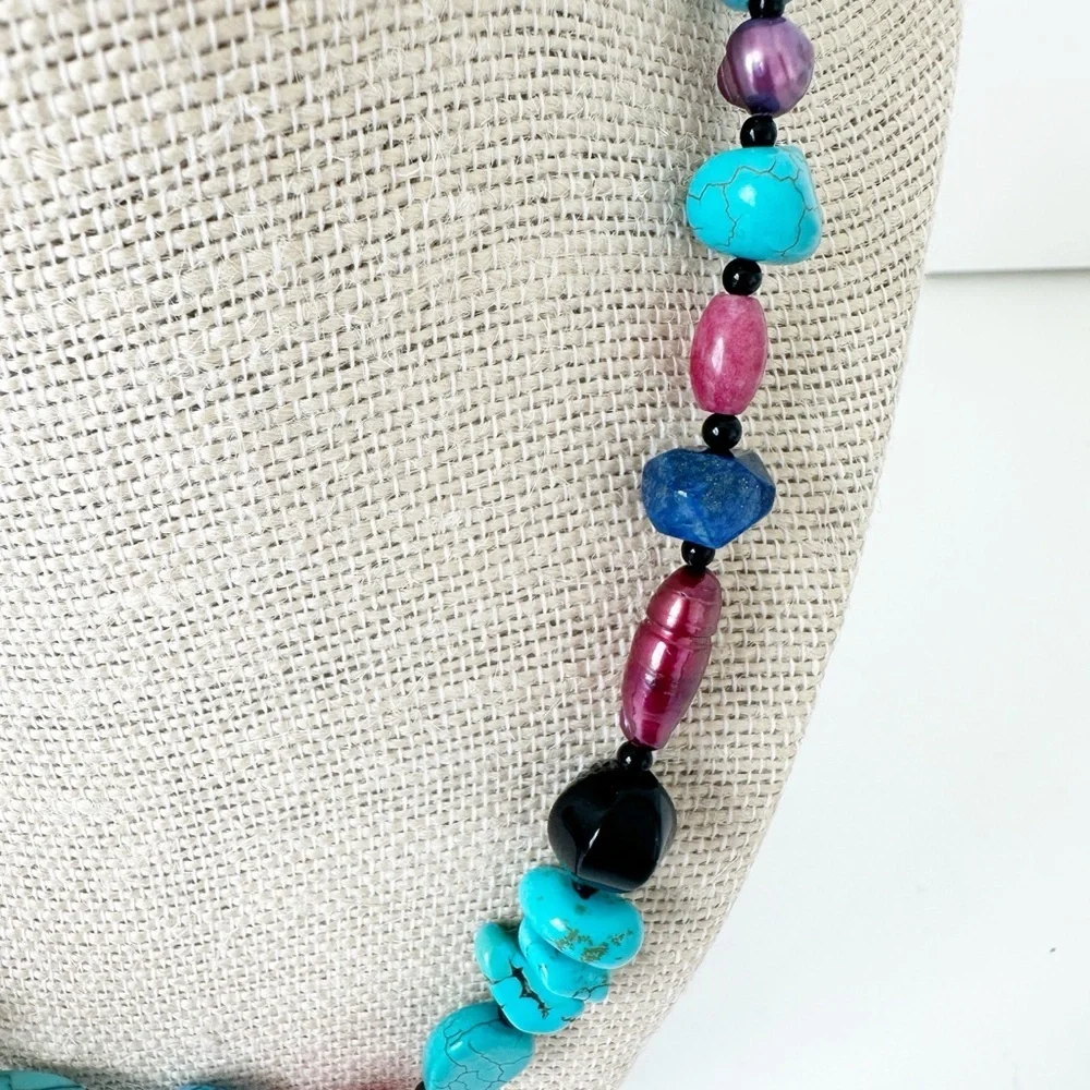 NWT Genuine Lapis, Cherry Quartz, Turquoise, Murano Glass, Black Onyx Necklace - Picture 3 of 6